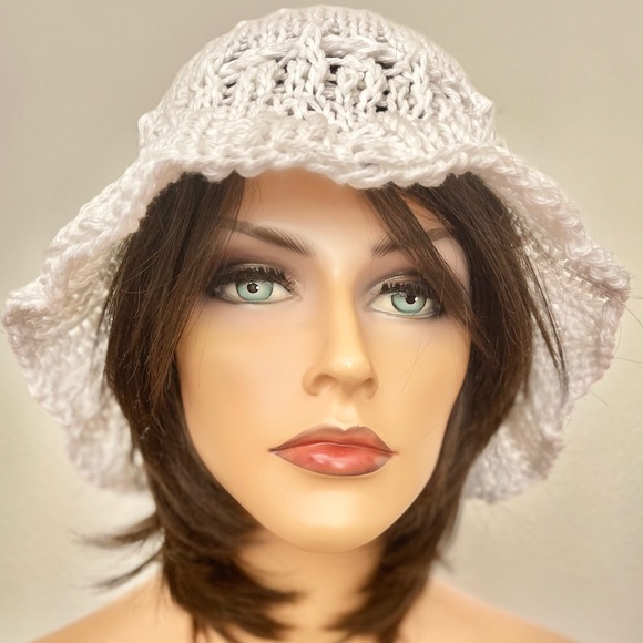 Hand Knits 2 Love White Cotton Brim Hat Cap Lace Pearls White Designer Lace Chic - Picture 4 of 9